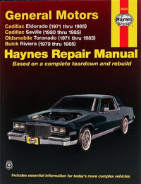 General Motors covering Cadillac Eldorado (1971-1985), Cadillac Seville (1980-1985), Oldsmobile Toronado (1971-1985), & Buick Riviera (1979-1985) all with petrol engines Haynes Repair Manual (USA)