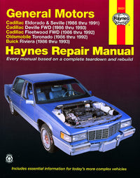 General Motors covering Cadillac Eldorado & Seville (1986-1991), Cadillac Deville FWD (1986-1993), Cadillac Fleetwood FWD (1986-1992), Oldsmobile Toronado (1986-1992), & Buick Riviera (1986-1993) Haynes Repair Manual (USA)