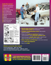 Toyota HighLander (2001-2019) & Lexus RX 300/330/350 (1999-2019) Haynes Repair Manual (USA)