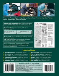 Renault Espace Petrol & Diesel (1985-1996) Haynes Repair Manual Printed Book Back Cover