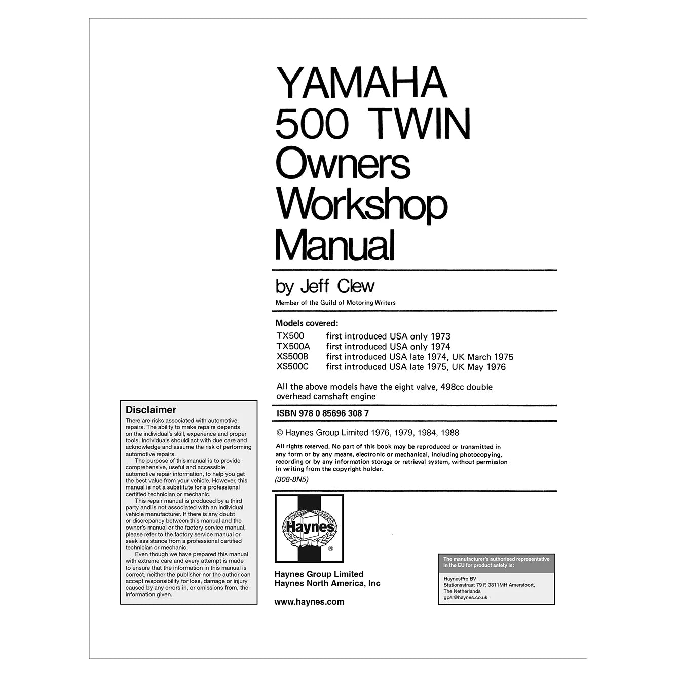 Yamaha 500 Twin Owners Workshop Manual cover with text and branding.