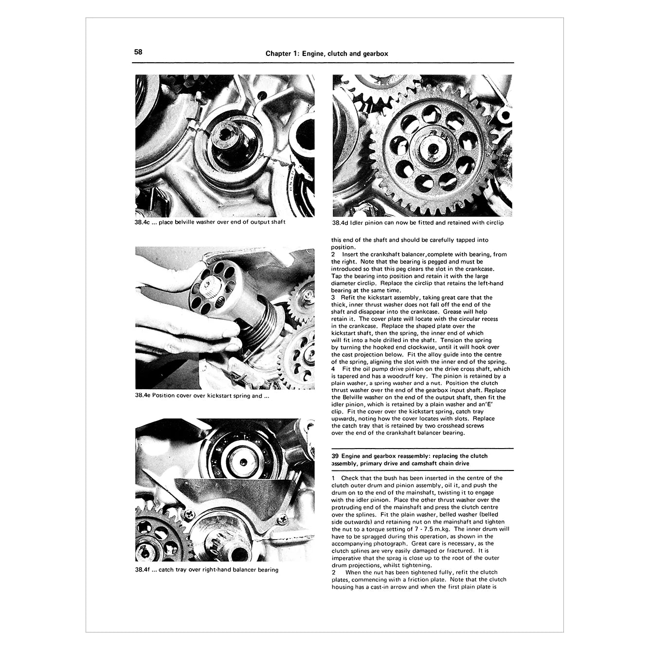 Technical manual page with illustrations and text on engine, clutch, and gearbox.