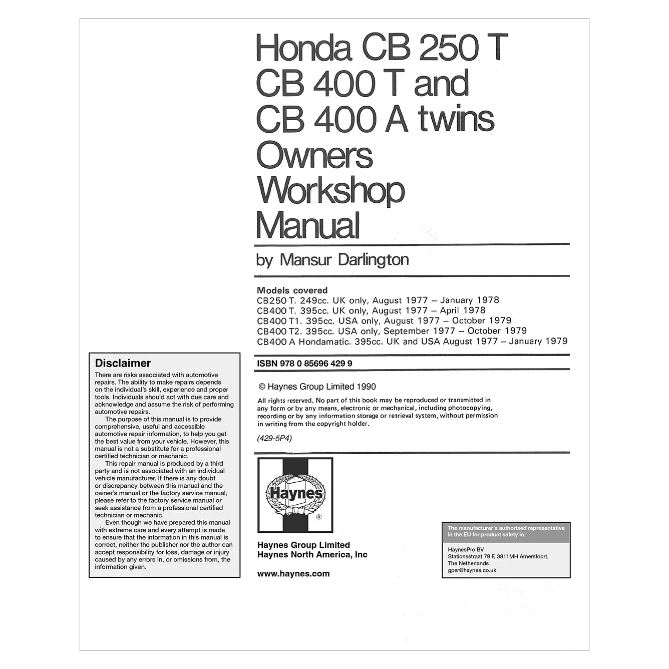 Honda CB250T, CB400T and CB400A Twins Haynes Repair Manual