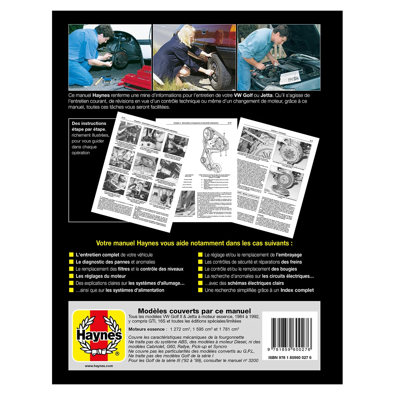 Back cover of a Haynes manual for VW Golf and Jetta with text and images.