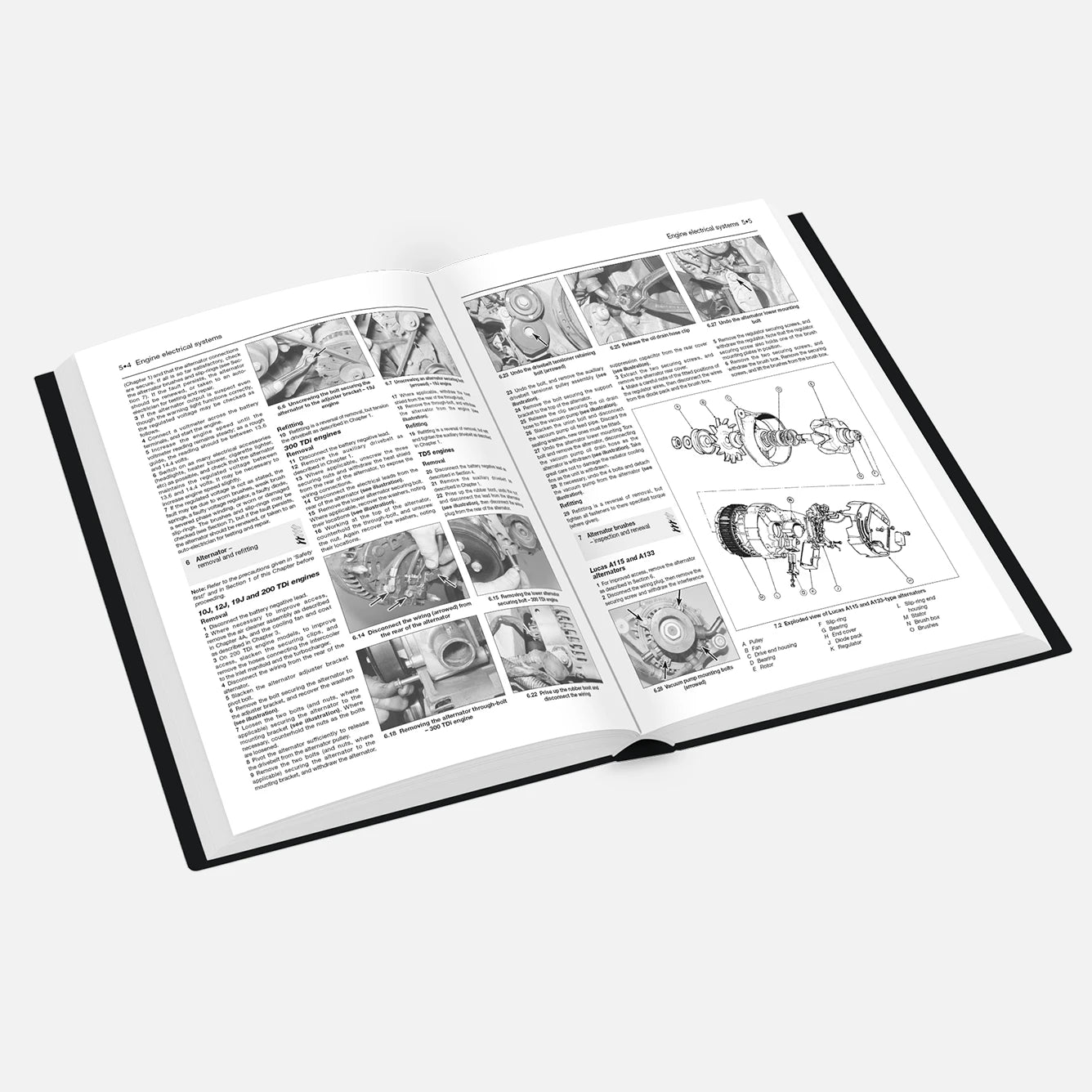 Open book with technical illustrations and text on a white background