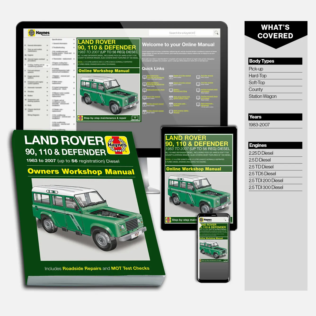 Haynes Land Rover owners workshop manual with digital versions on a screen and smartphone.