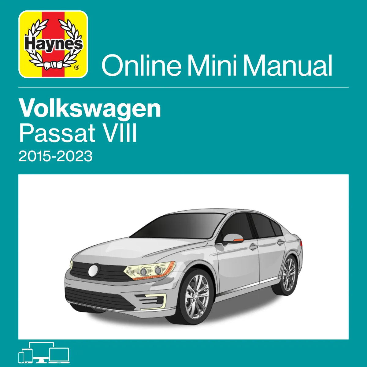 Haynes Online Mini Manual cover for Volkswagen Passat VIII (2015-2023), featuring a teal background, the Haynes logo, and a white illustration of a silver sedan.