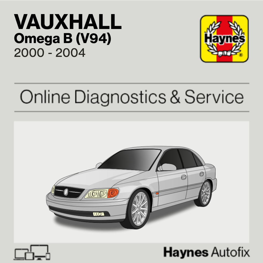 Haynes manual cover for Vauxhall Omega B (V94) with car illustration and diagnostic tools icon.