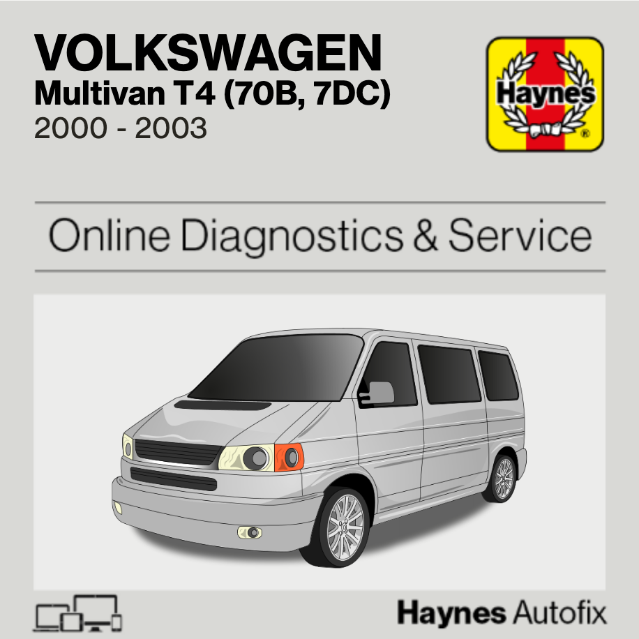 Haynes online diagnostics and service manual cover for Volkswagen Multivan T4, 2000-2003, with a van illustration and Haynes logo.