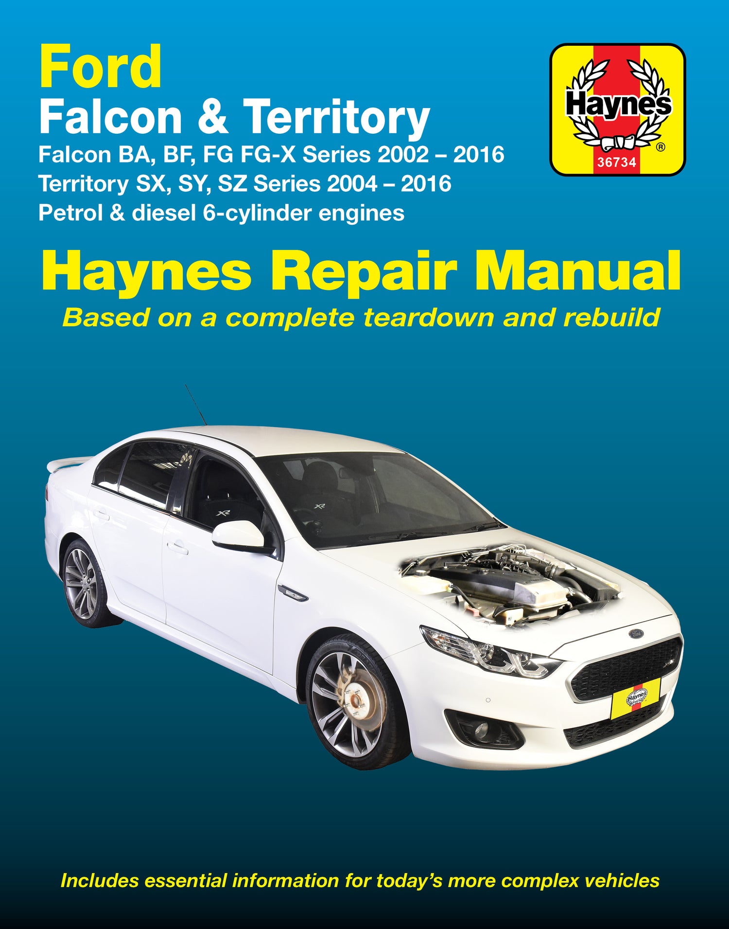 Haynes repair manual cover for Ford Falcon & Territory with a white car on a blue background