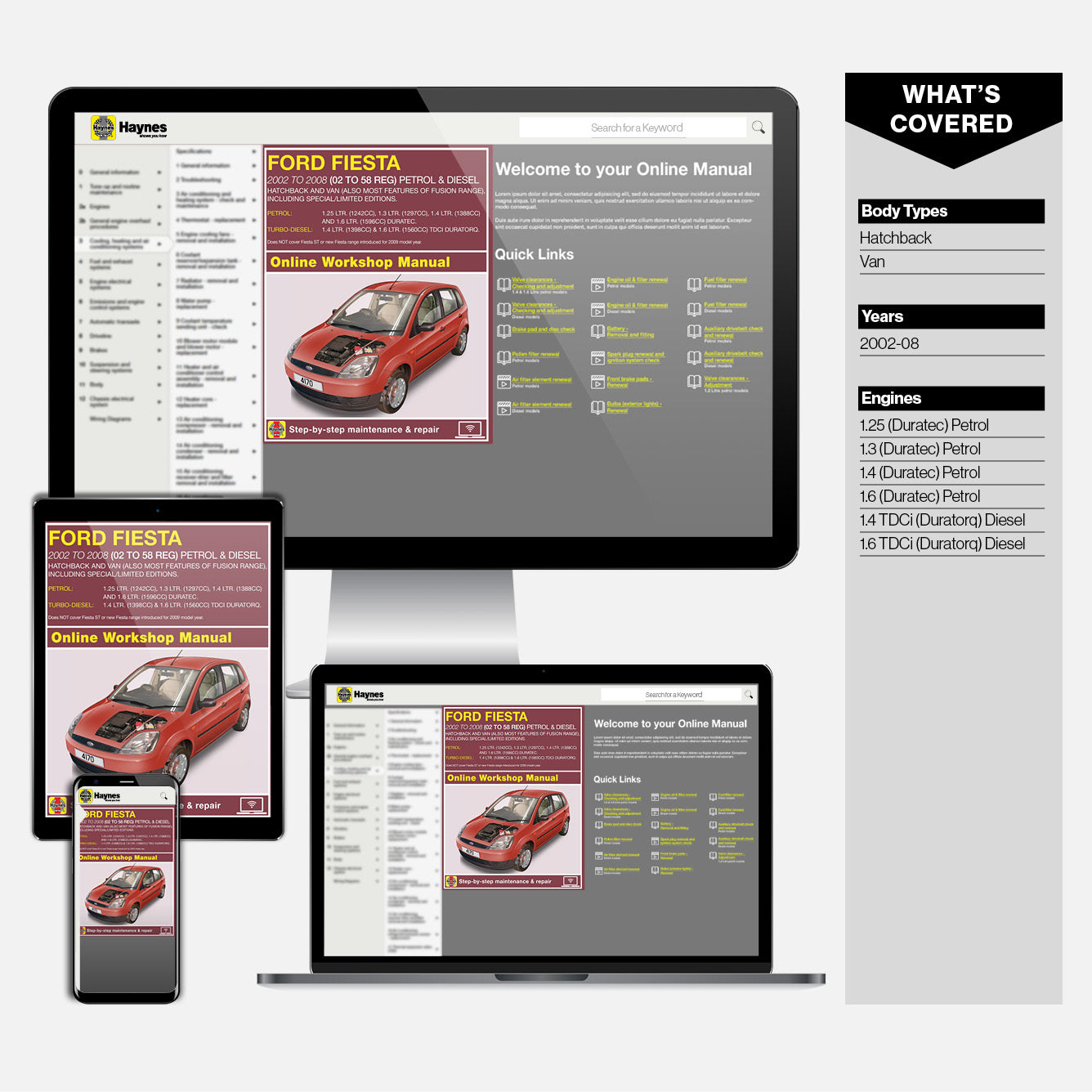 Computer monitor, smartphone, and tablet displaying a Ford Fiesta online workshop manual on a white background.