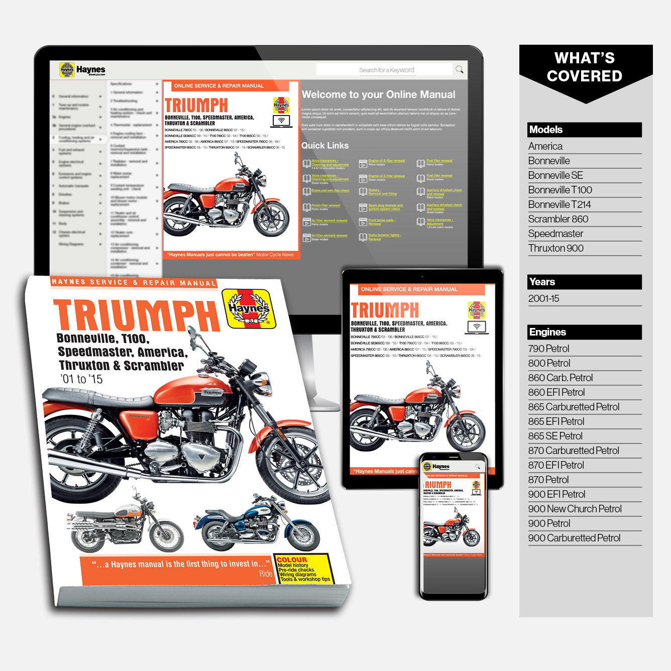 Collection of Triumph motorcycle manuals and digital resources on a white background