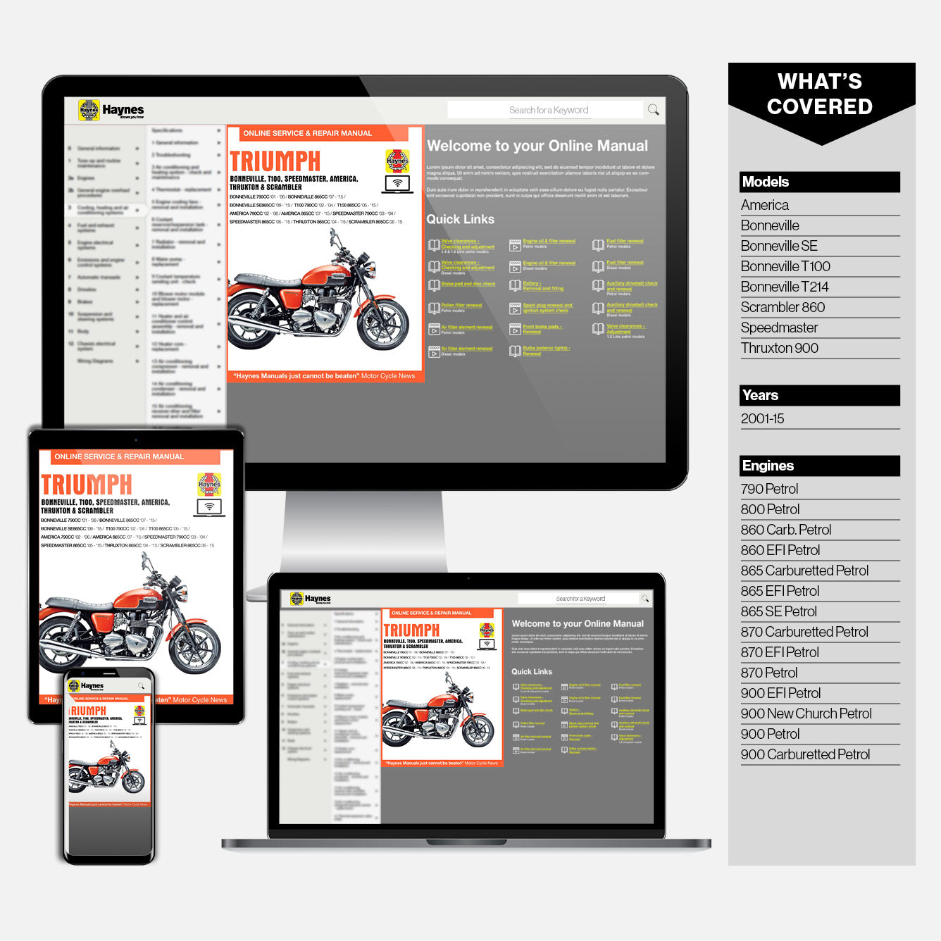 Haynes online manual displayed on a computer screen, tablet, and smartphone.