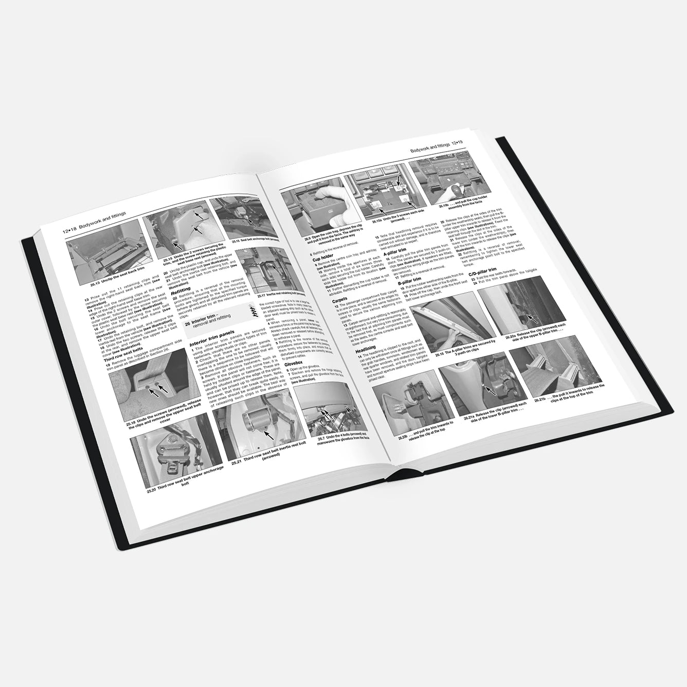Open book with text and images on a white background