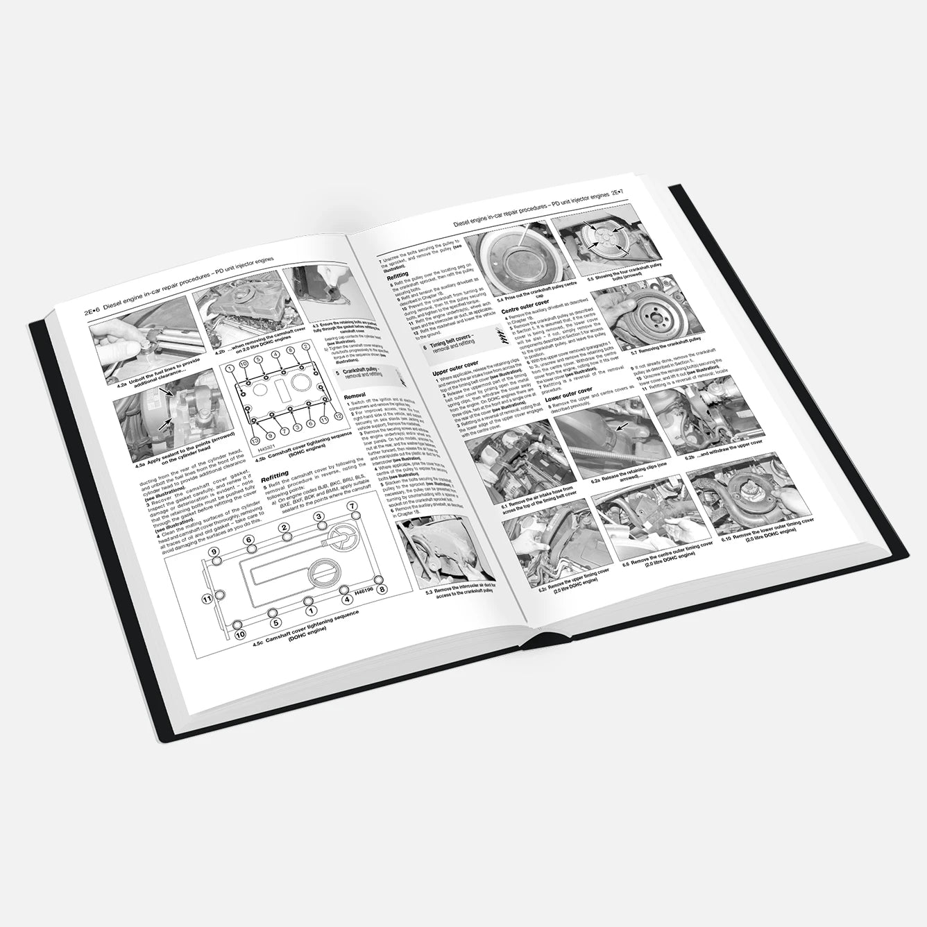 Open book with technical illustrations and text on a white background