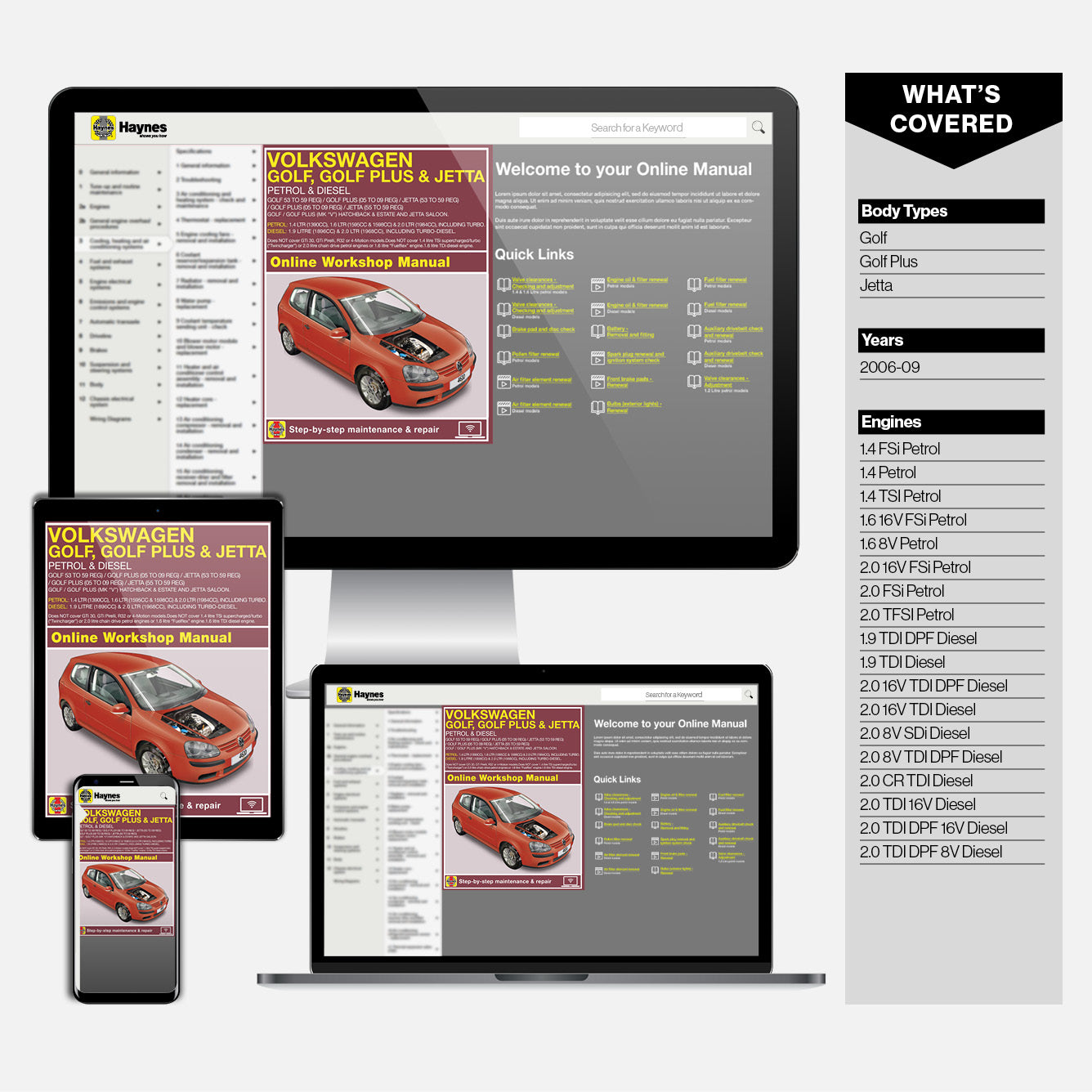 Haynes online workshop manual displayed on computer screens and a smartphone.