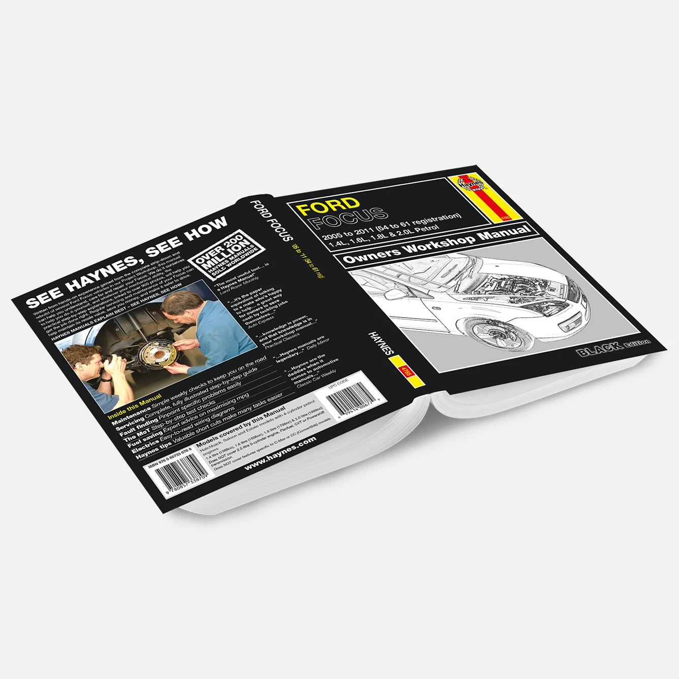 Open Haynes manual for Ford Focus on a white background