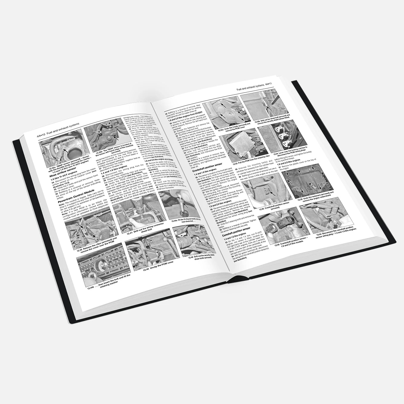 Open book with black and white illustrations and text on a white background
