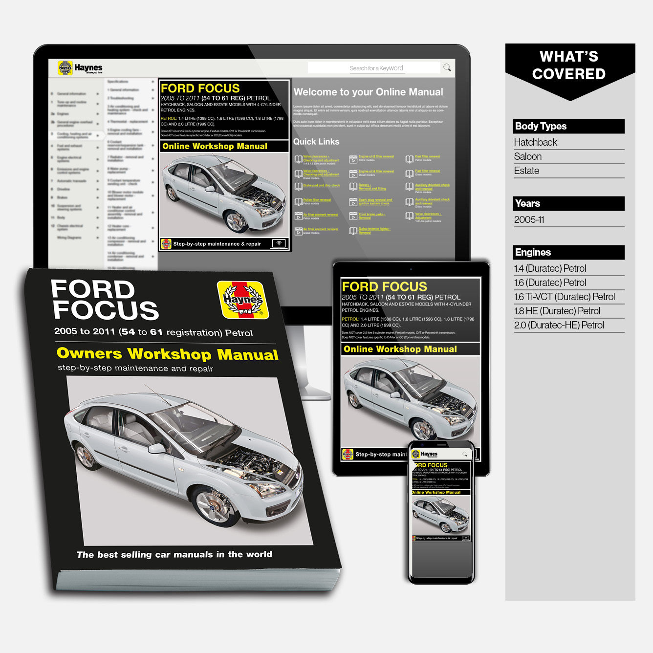Haynes Ford Focus owners workshop manual with digital versions on a tablet and smartphone.