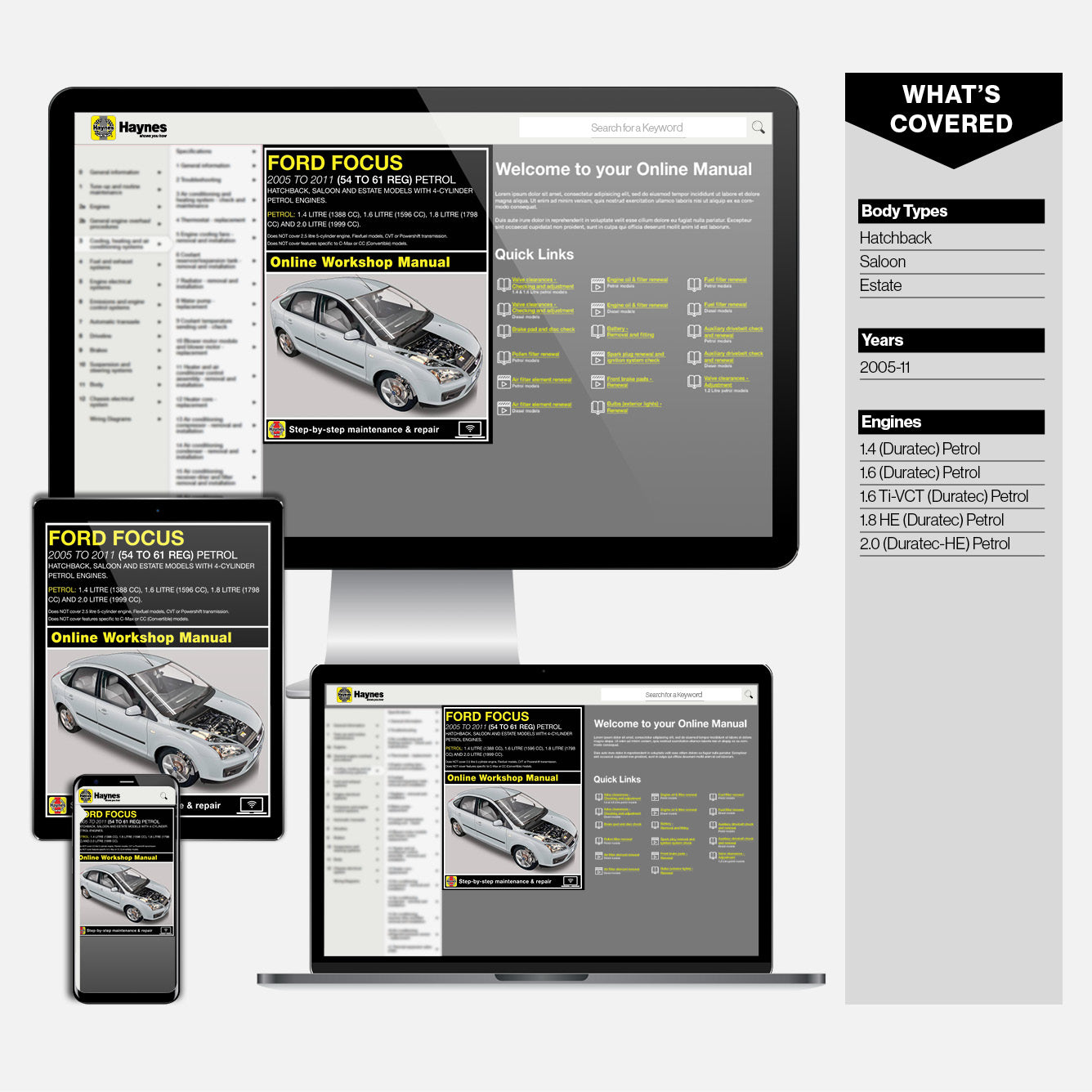 Haynes online workshop manual displayed on a computer monitor, tablet, and smartphone.