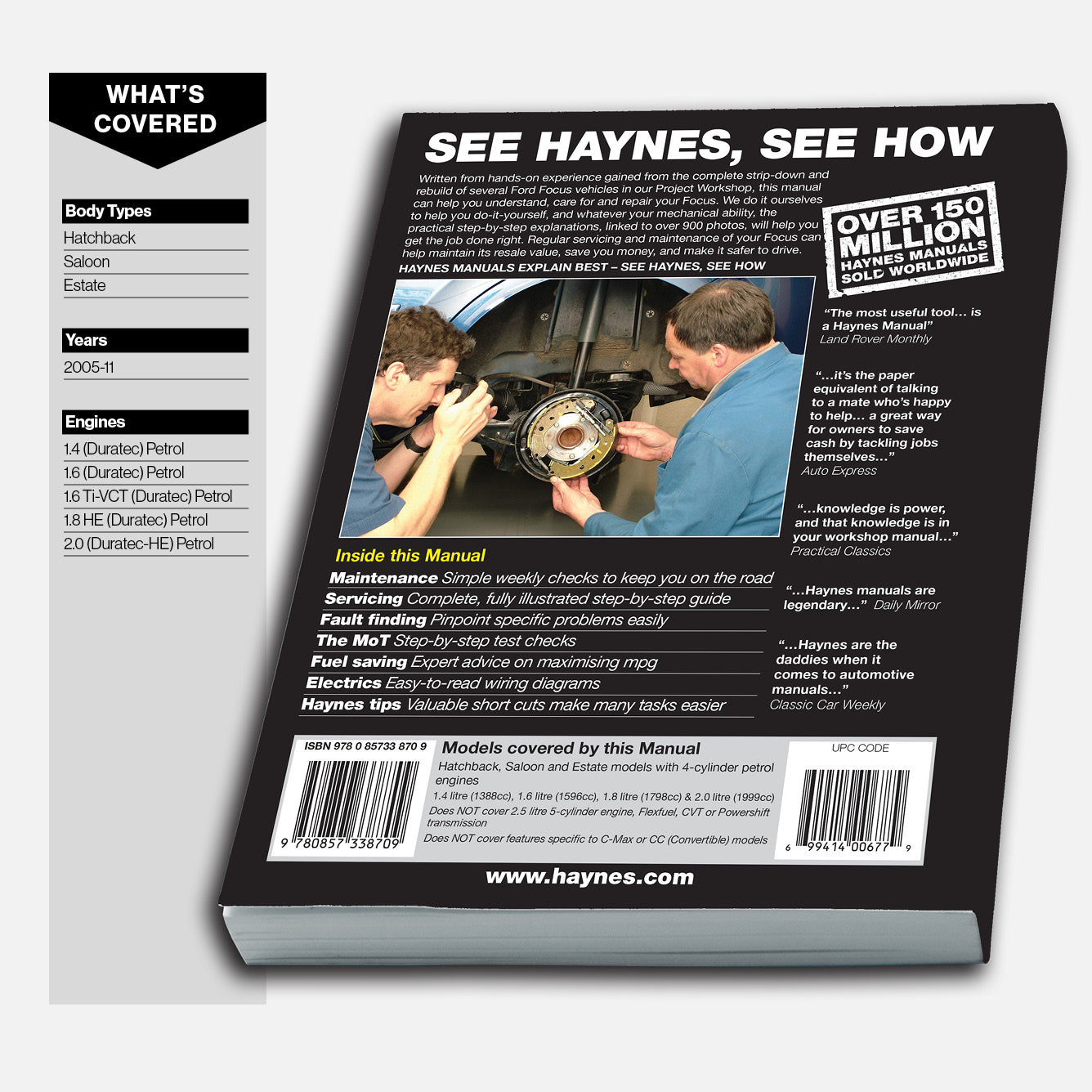 Back cover of a Haynes manual with text and images of a car repair scenario.