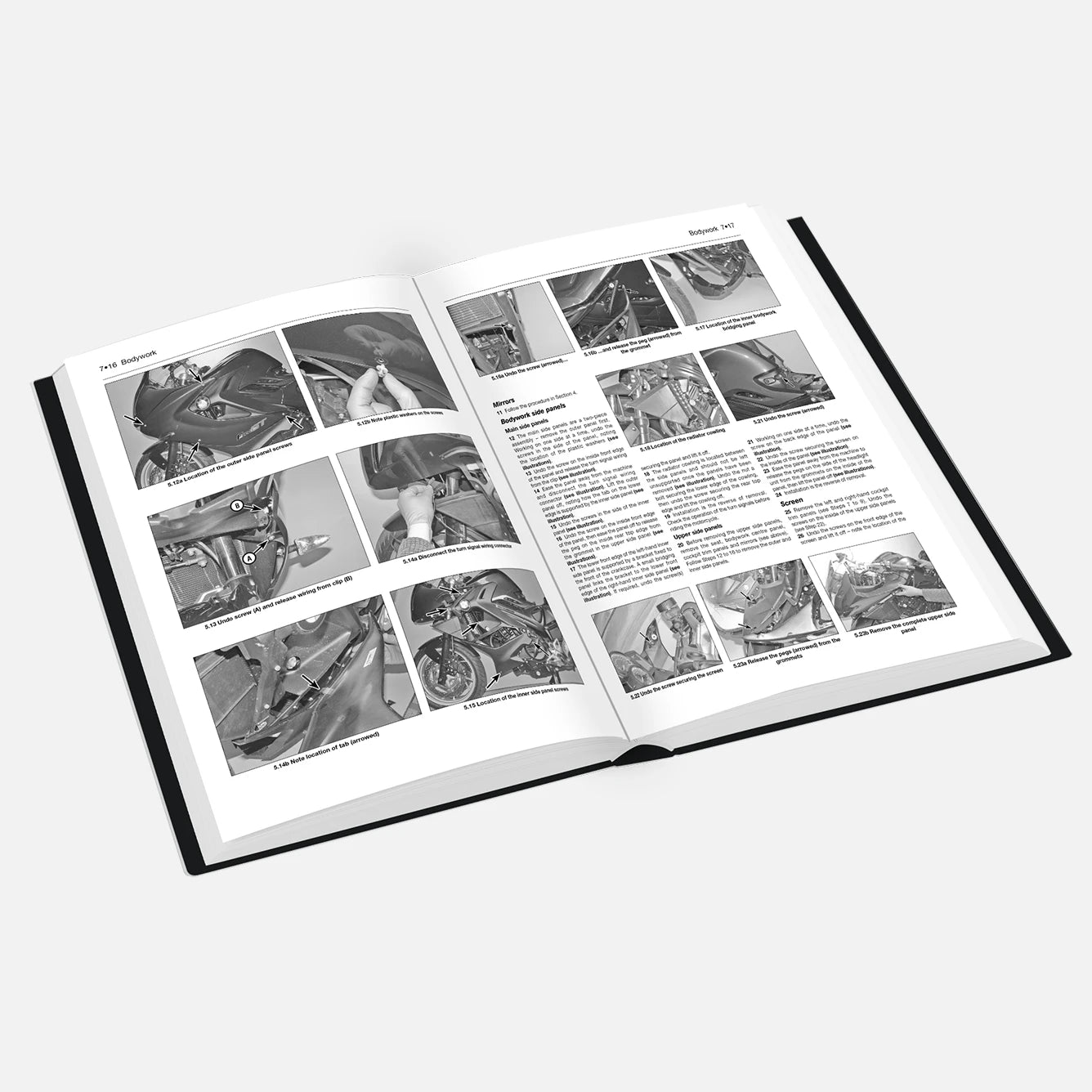 Open book with technical illustrations and text on a white background