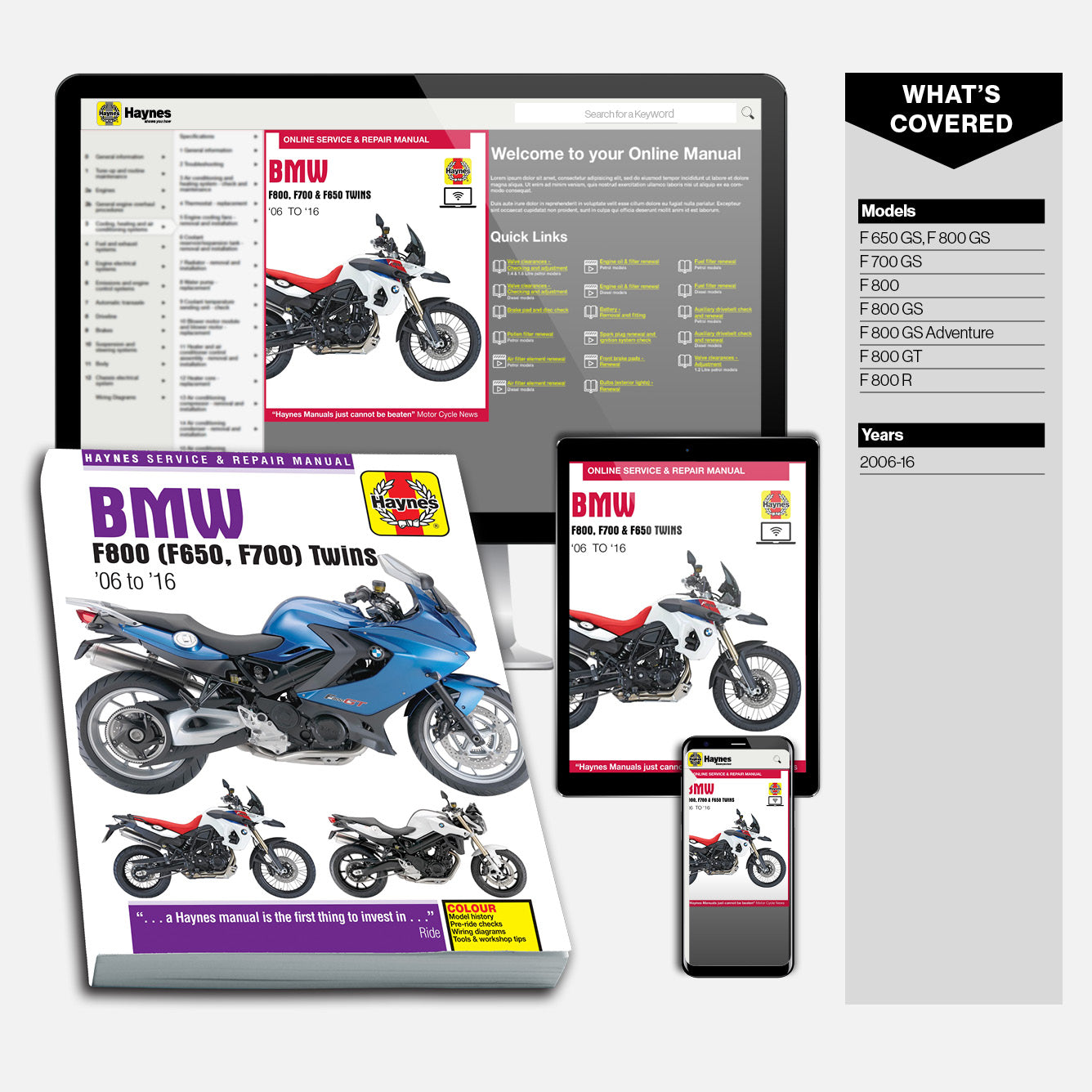 Haynes BMW motorcycle repair manual set on a white background