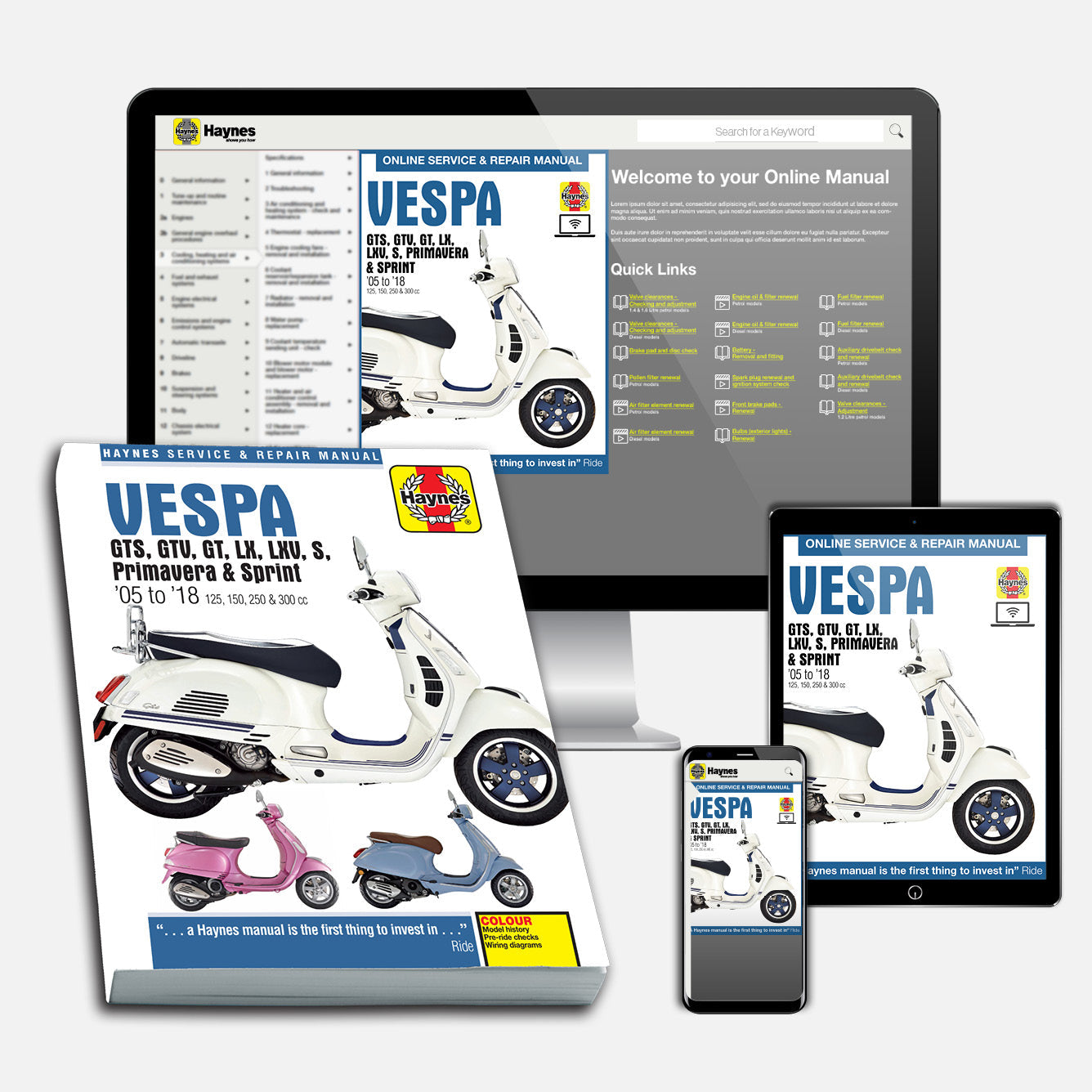 Vespa GTS, GTV, LX & S 125 to 300 (2005-2018) Haynes Repair Manual Bundle
