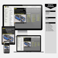 Haynes online workshop manual displayed on computer, tablet, and smartphone screens.