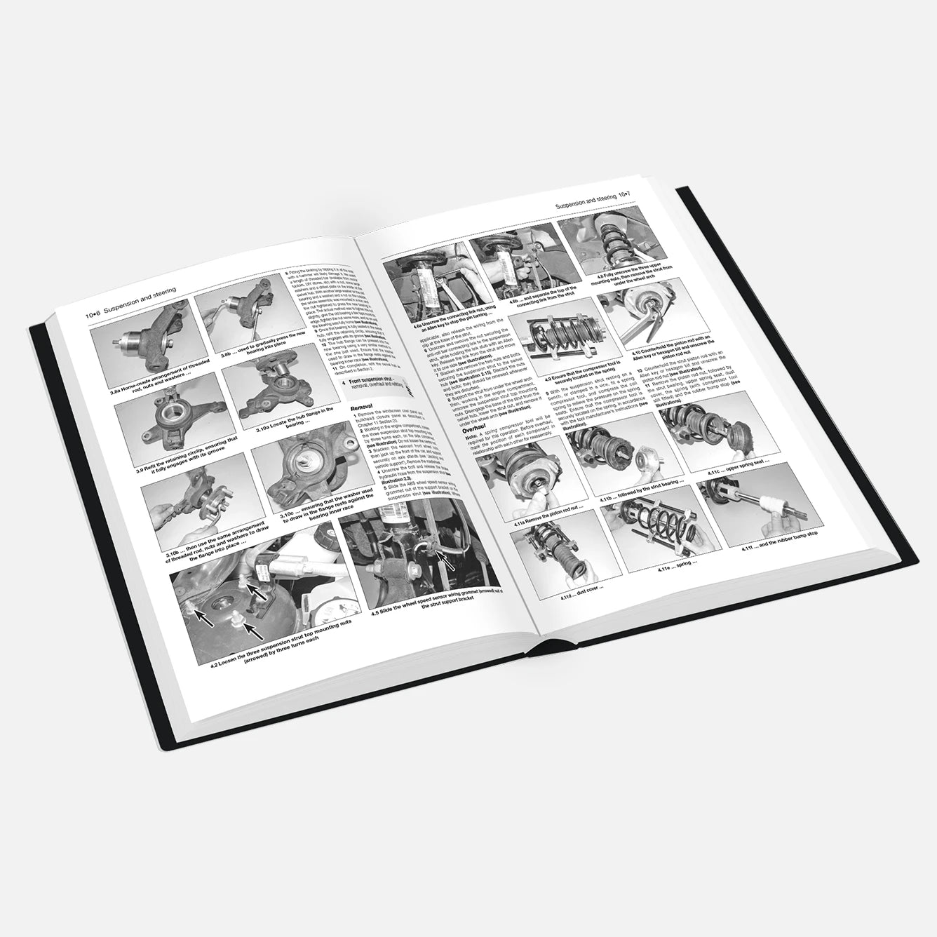 Open book with technical illustrations and text on a white background