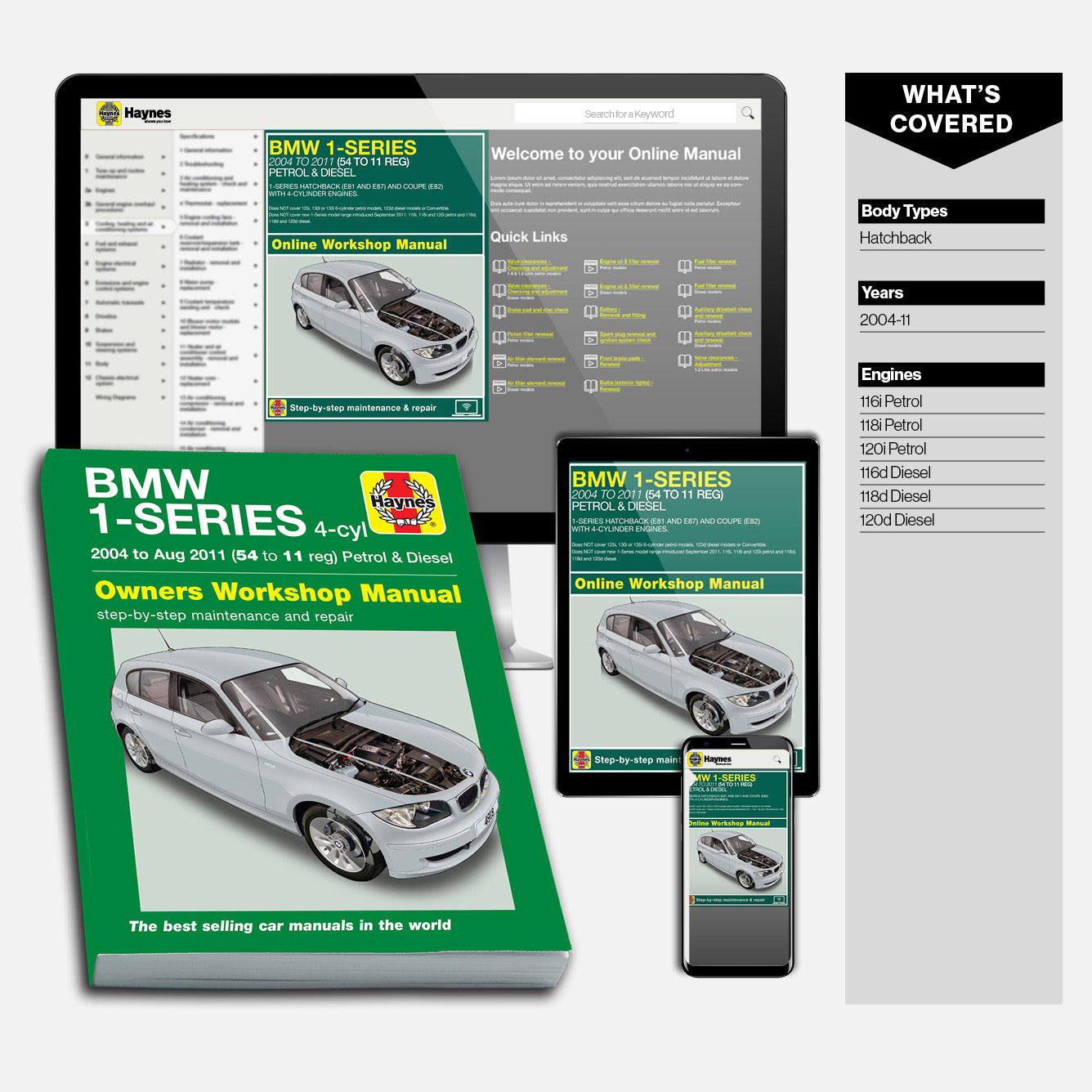 Haynes BMW 1-Series repair manual set with digital and print versions.