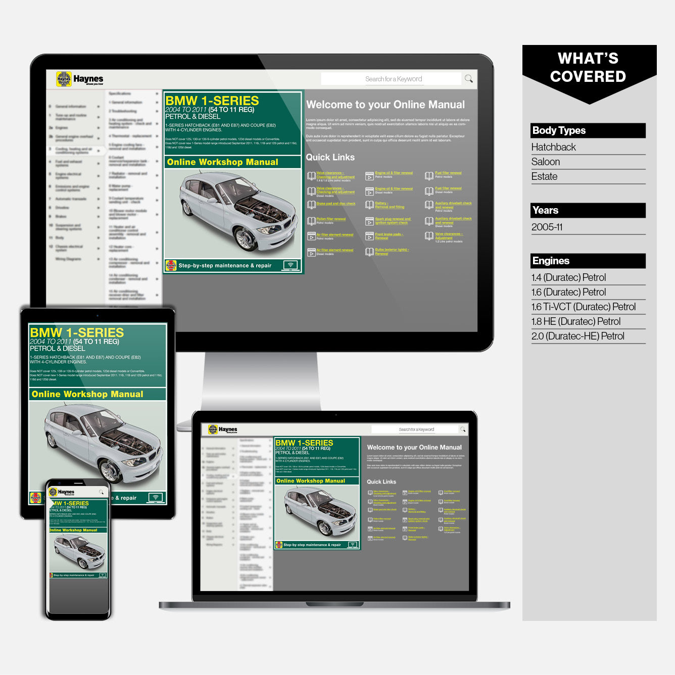 Computer monitor, smartphone, and tablet displaying a Haynes online workshop manual for BMW 1-Series.