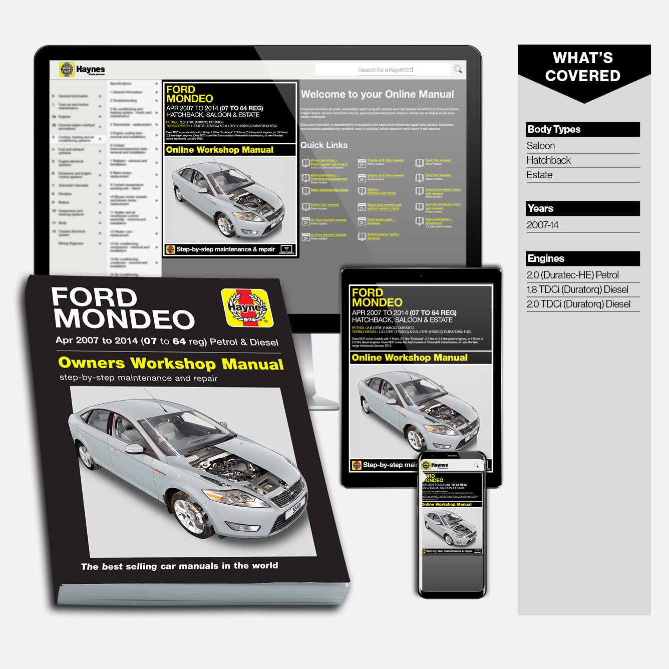Haynes Ford Focus owners workshop manual with digital versions on a tablet and smartphone.