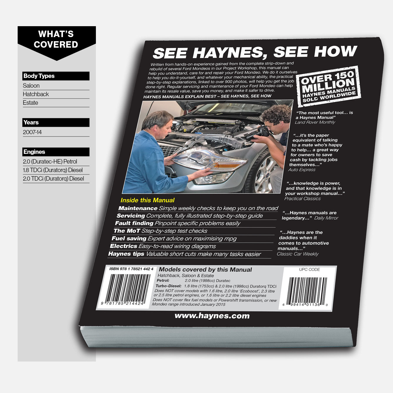 Back cover of a Haynes manual with text and images of a man working on a car.
