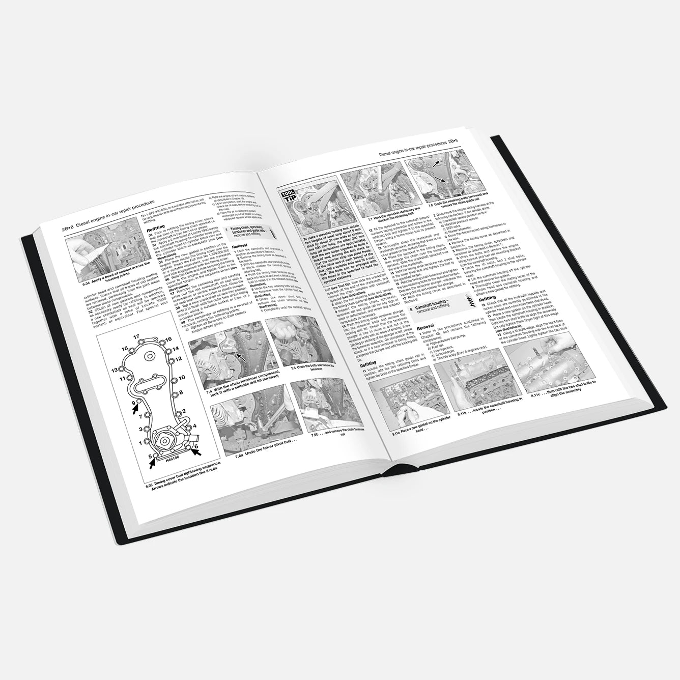 Open book with text and illustrations on a white background