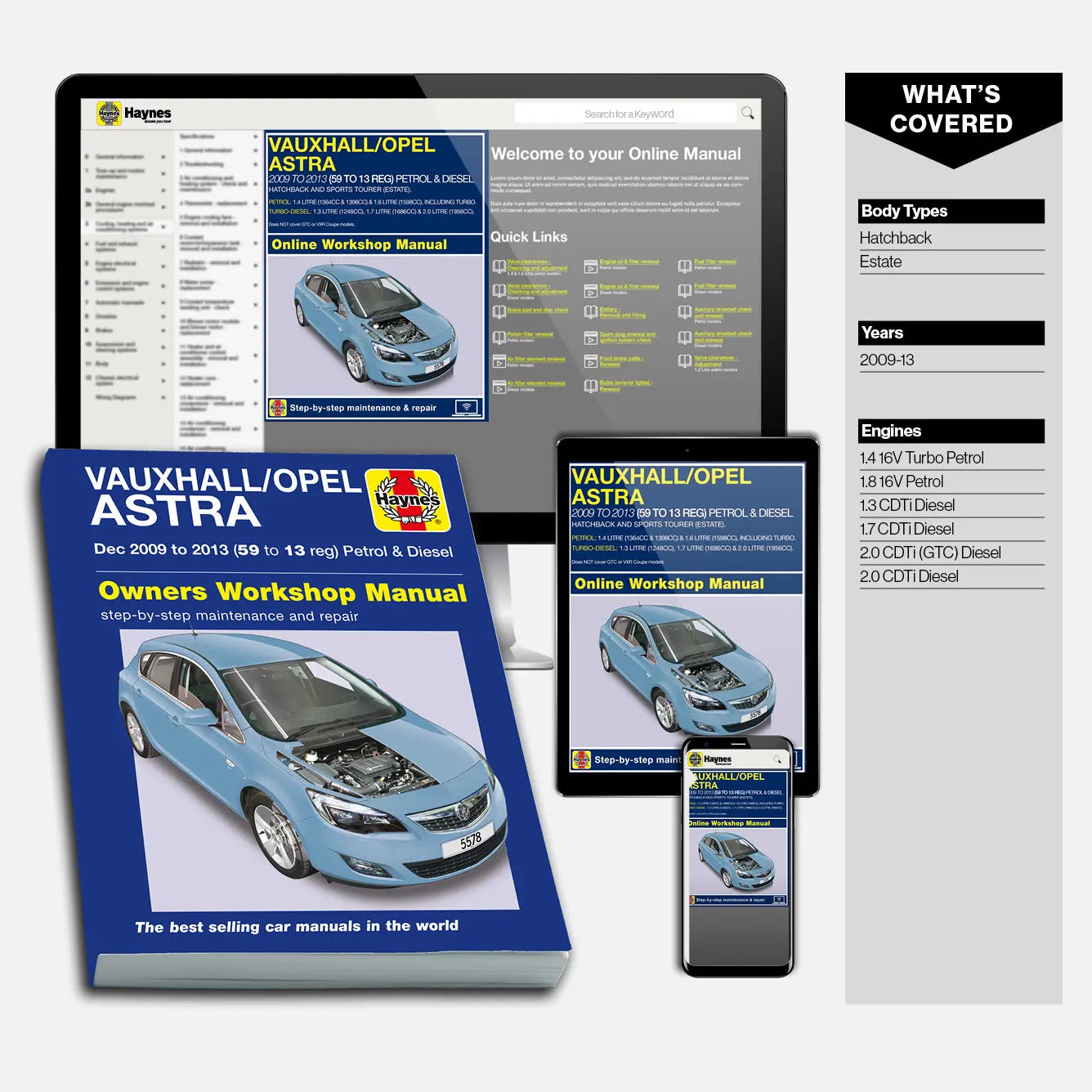 Vauxhall/Opel Astra repair manual and digital workshop manual on a white background