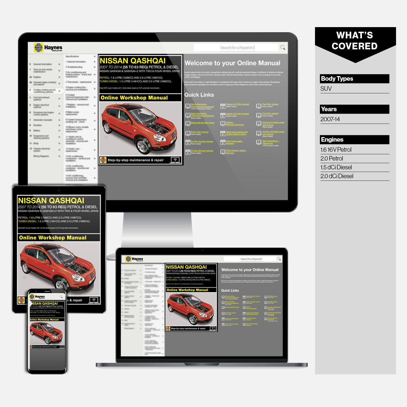 Computer monitor, smartphone, and tablet displaying a Nissan Qashqai online workshop manual.