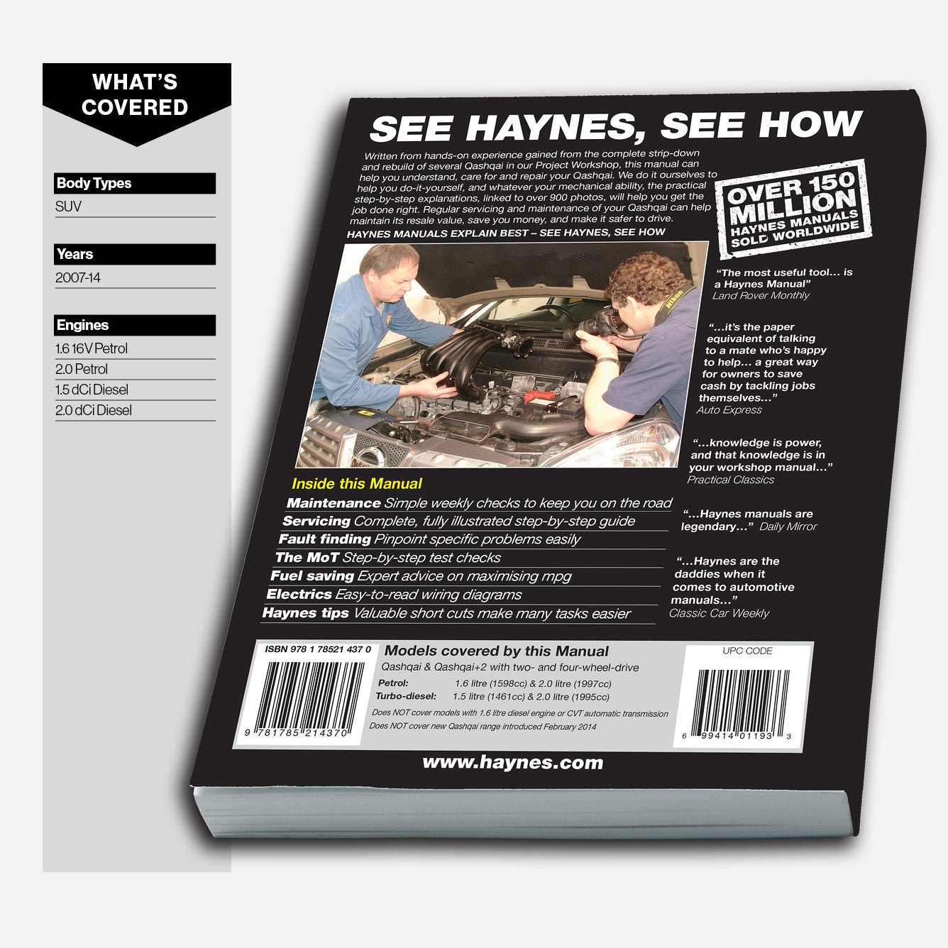 Back cover of a Haynes manual with text and images of people working on a car.