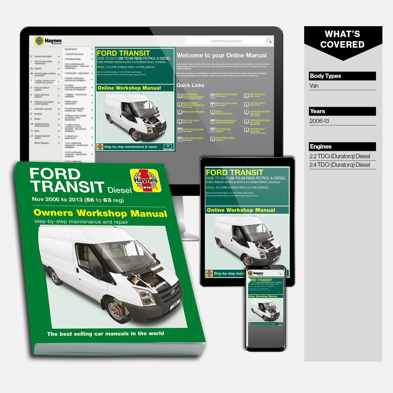 Ford Transit Diesel owners workshop manual with digital versions on a screen and phone.