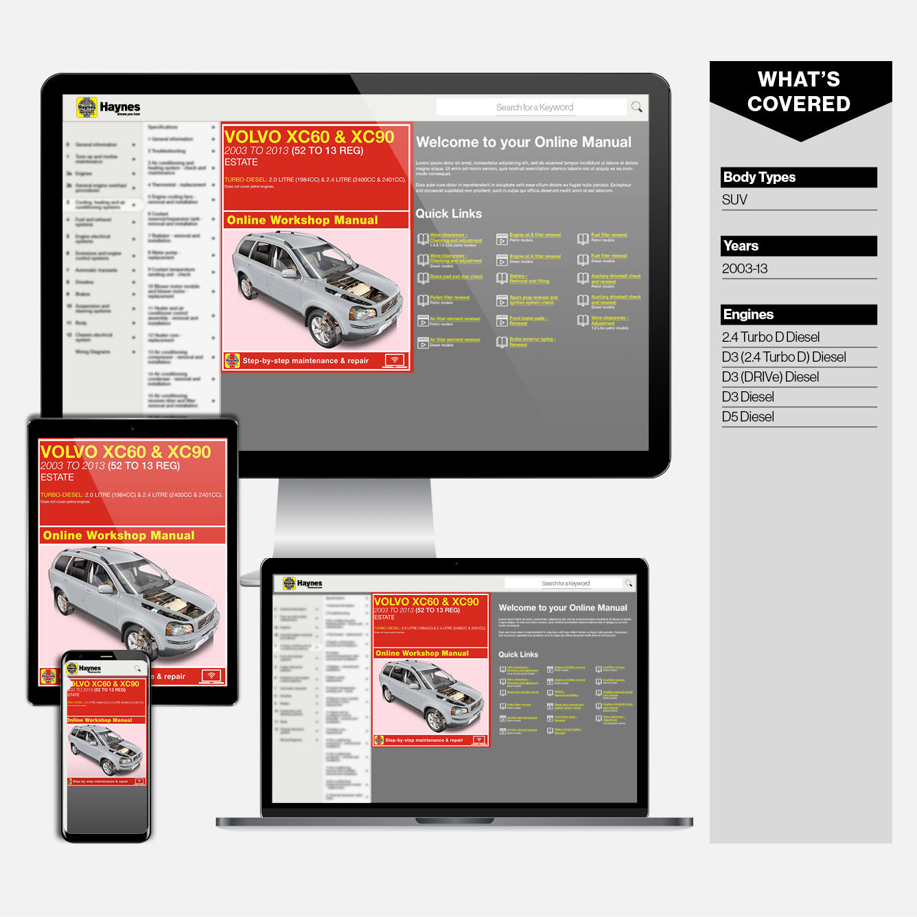 Haynes online workshop manual displayed on a computer monitor, tablet, and smartphone.