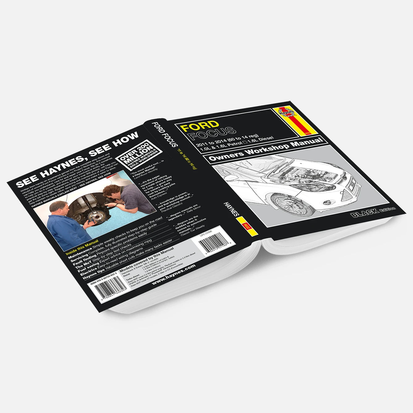 Open manual with Ford Focus cover on a white background