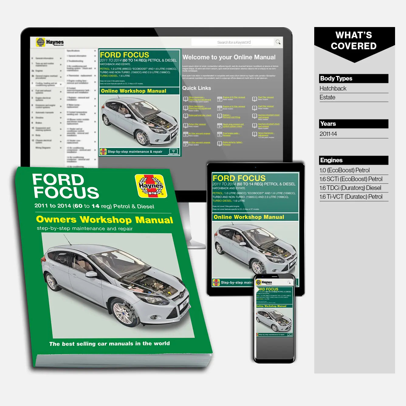 Ford Focus repair manual and online workshop manual displayed on a white background