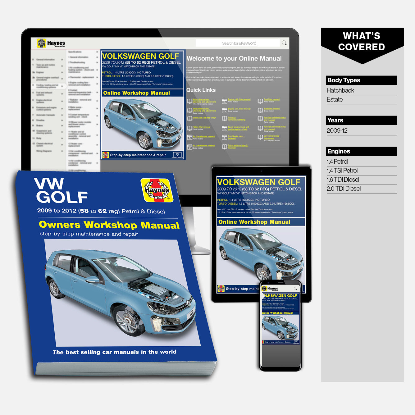Haynes Volkswagen Golf repair manual and online workshop manual on a white background