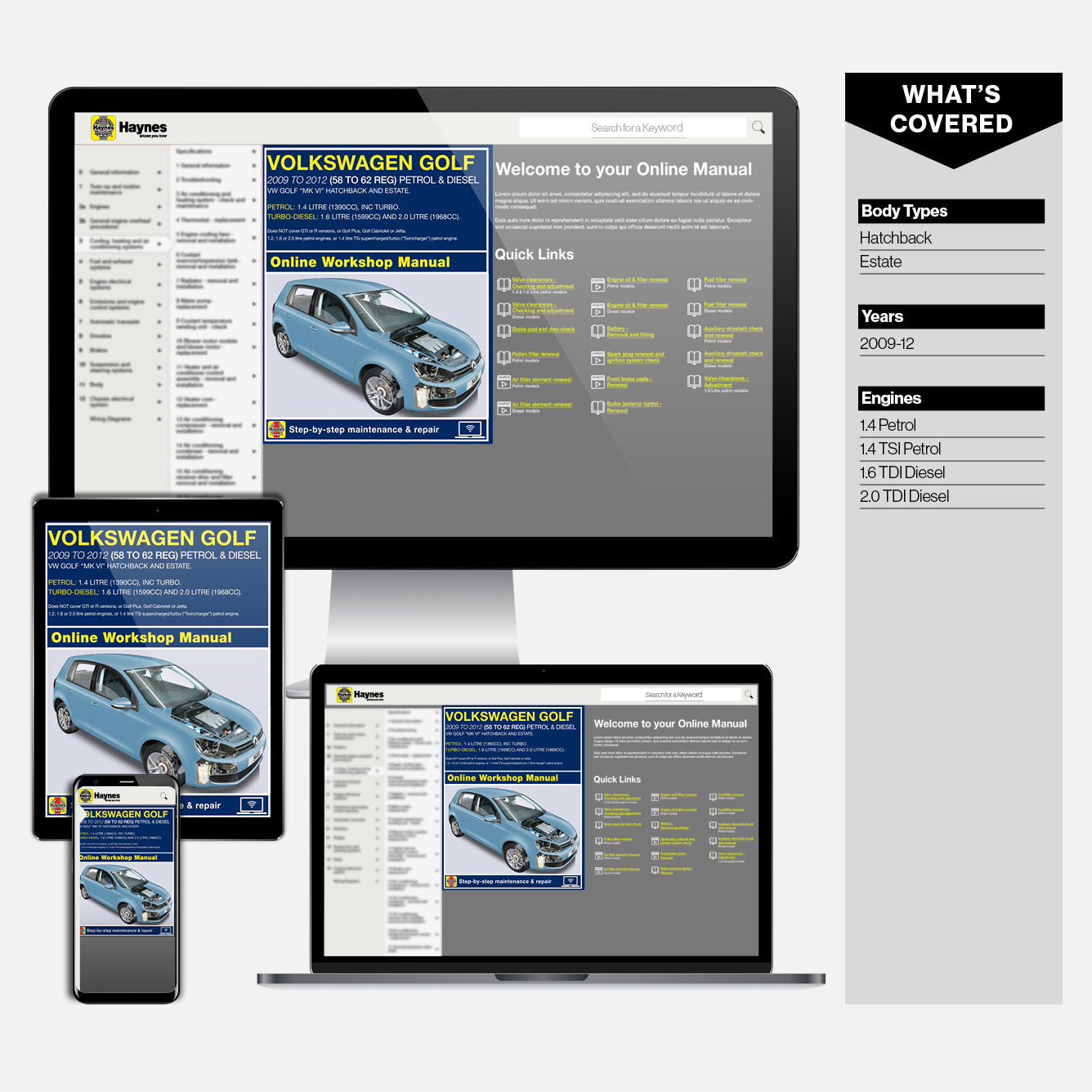Haynes online workshop manual displayed on computer monitor, tablet, and smartphone.
