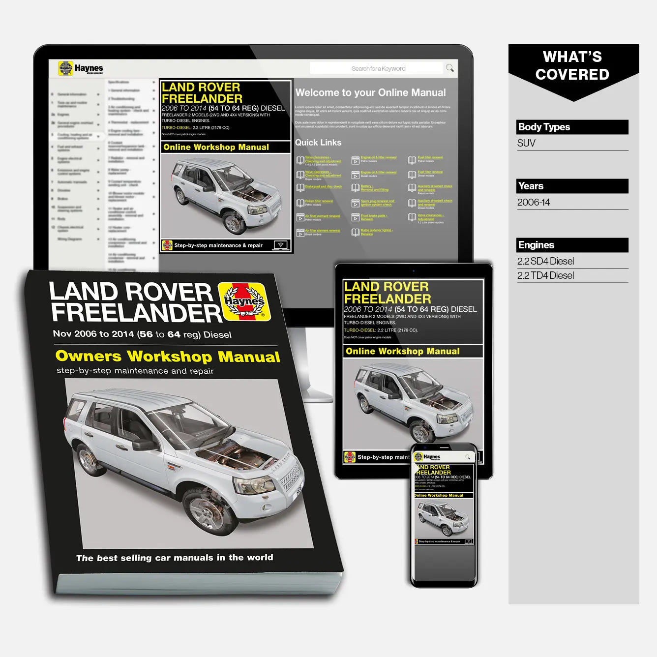 Land Rover Freelander owners workshop manual and online manual displayed on a white background