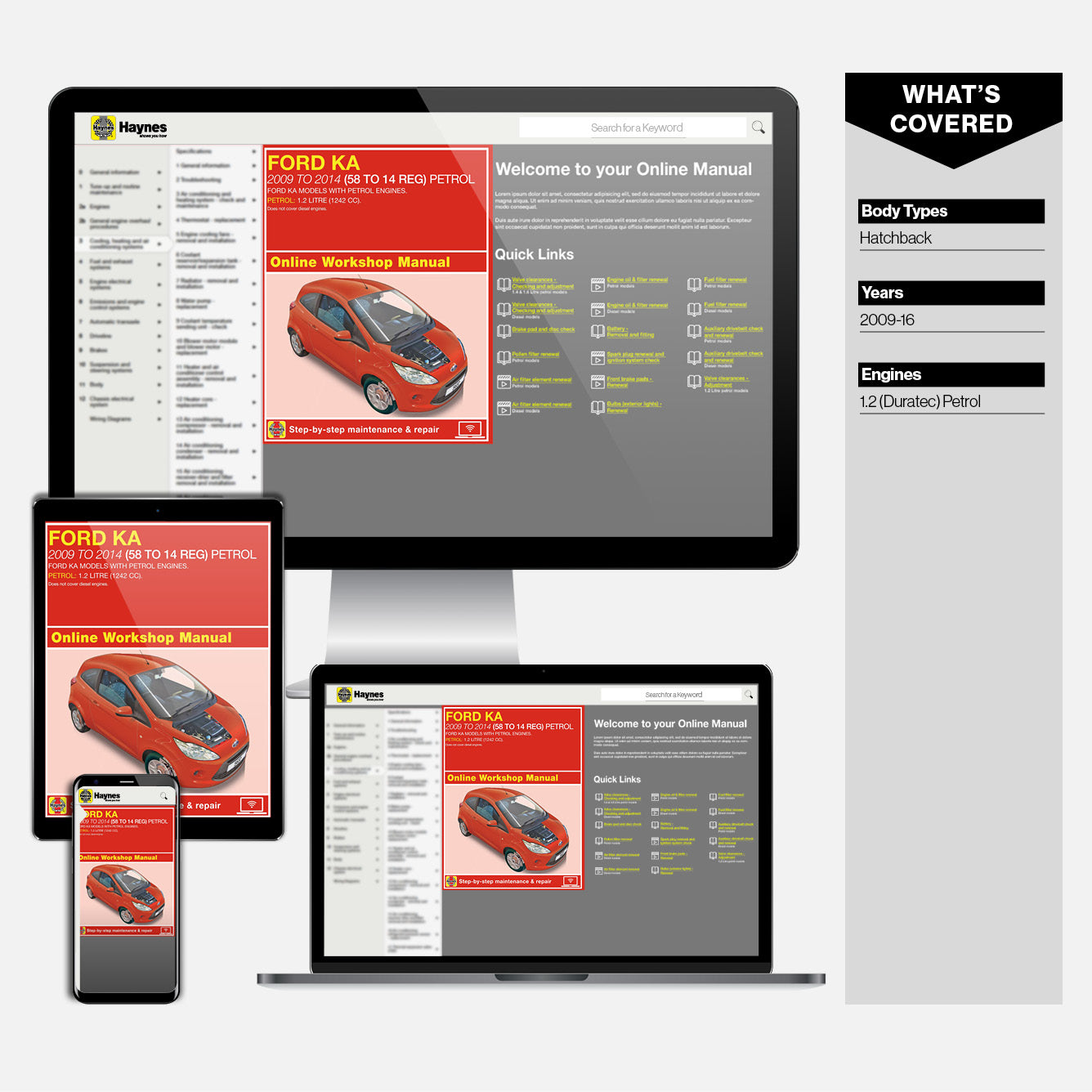 Computer monitor, tablet, and smartphone displaying a Ford KA online workshop manual.