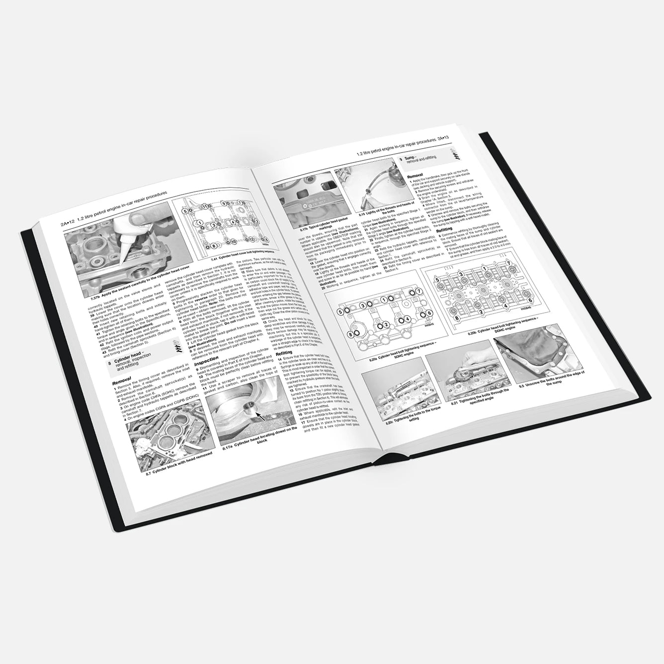 Open book with black and white illustrations and text on a white background