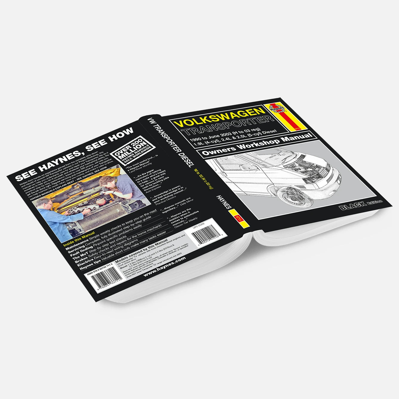 Open workshop manual for Volkswagen Transporter on a white background