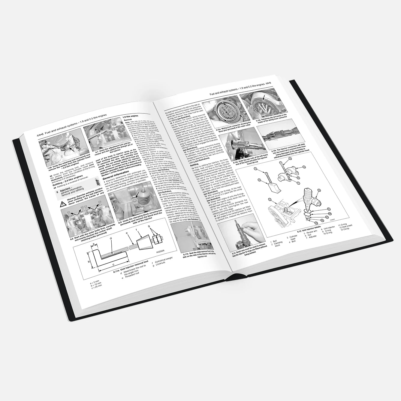 Open book with technical illustrations and text on a white background