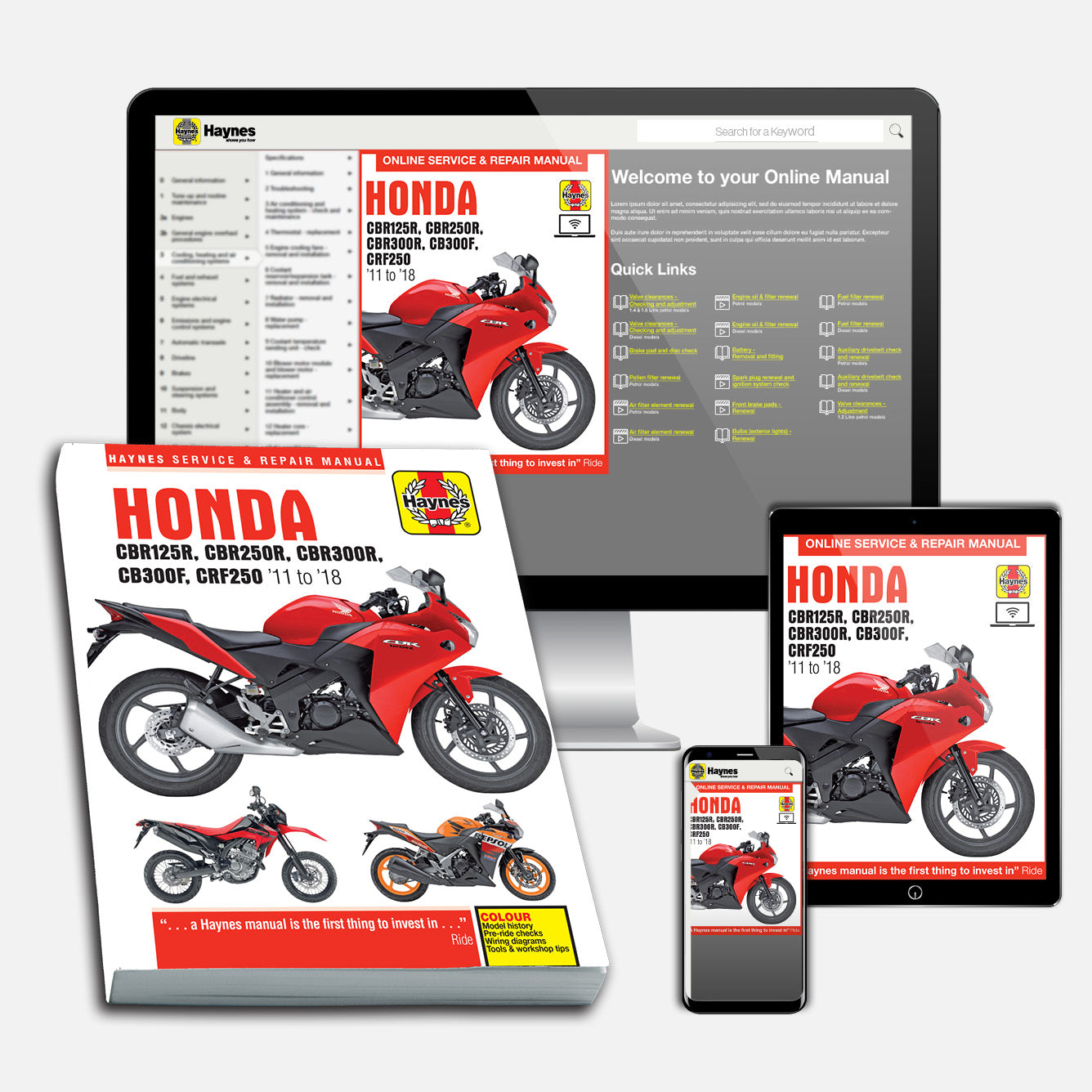 Honda CBR125/250/300R, CB300F & CRF250L/M (2011-2018) Haynes Repair Manual Bundle